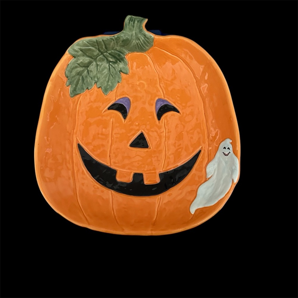 Ceramic Pumpkin Platter Jack O Lantern Halloween Serving Tray Spooky Cute Dish